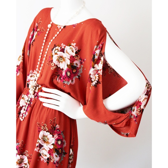 Last☝️ Rust Pretty Floral Slit Batwing Boho Dress - Picture 2 of 8